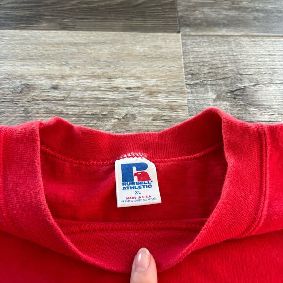 Vintage Russell Athletics Red USA Made Athletic Front Logo T-shirt‎ Spellout - Picture 2 of 7